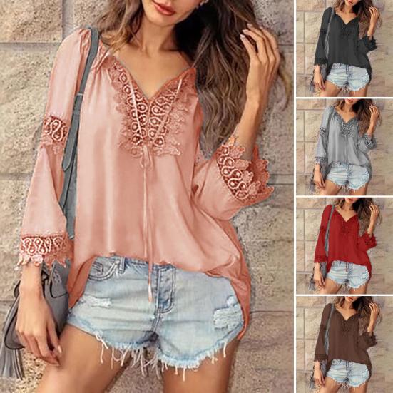 Women Shirt V-Neck Long Sleeve Side Split Hem Pullover Tops Solid