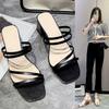 Women Sandals Ladies Square Heels Elegant Summer Slippers Outside Cross Tied Leather Female Slides  Fashion Woman Sandals