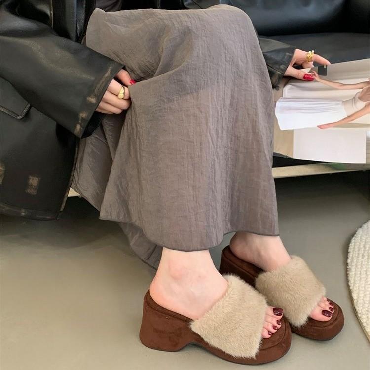 French Fashion Leopard Print Thick High-heeled Cotton Slippers Women's 2025 Autumn and Winter New Gentle Square Head One-word Fluffy Slippers