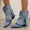 Denim Blue Women Western Cowgirl Boots Fashion Pointed Toe Square Heels Shoes Autumn Ladies Vintage Short Booties