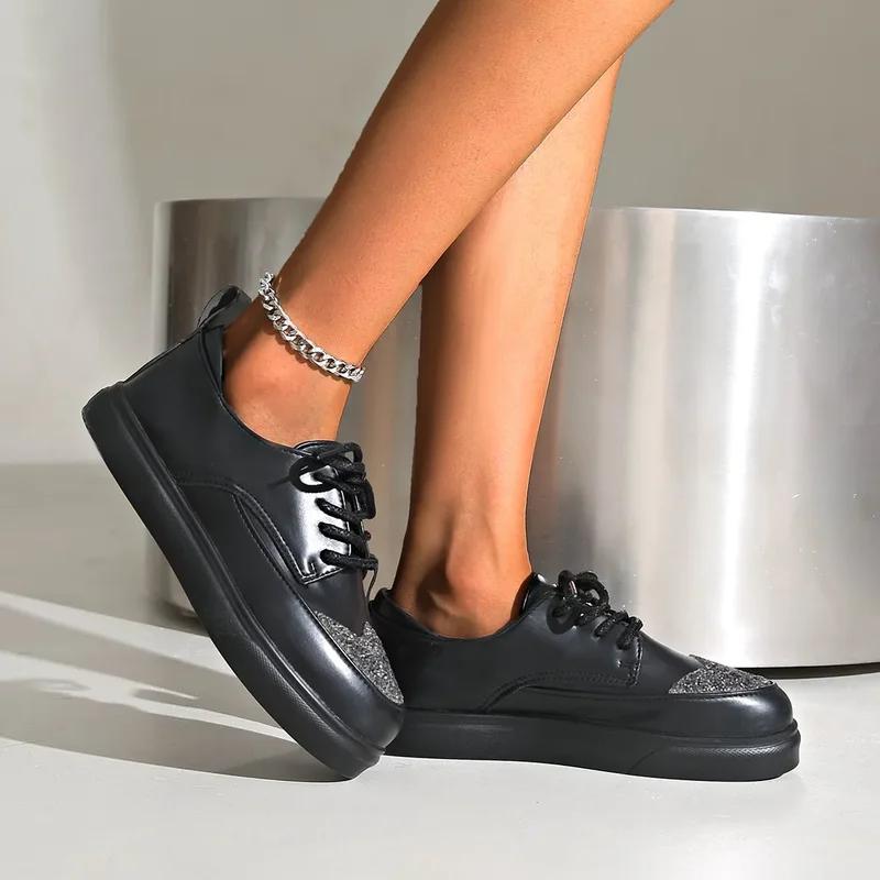 Women Spring Autumn Platform Loafers Woman Round Toe Lace Up Designer Sneakers Sexy Elegant Silver Outdoor Casual Girl'S Shoes
