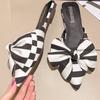 Fashion Oversize Bowtie Mule Shoes Women Fashion Pointed Toe Stripe Wave Slip-on Sandals Ladies Luxury Satin Silk Outdoor Flat Slippers