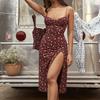 European & American Sexy Print Lace-Up Slit Sling Dress for Women