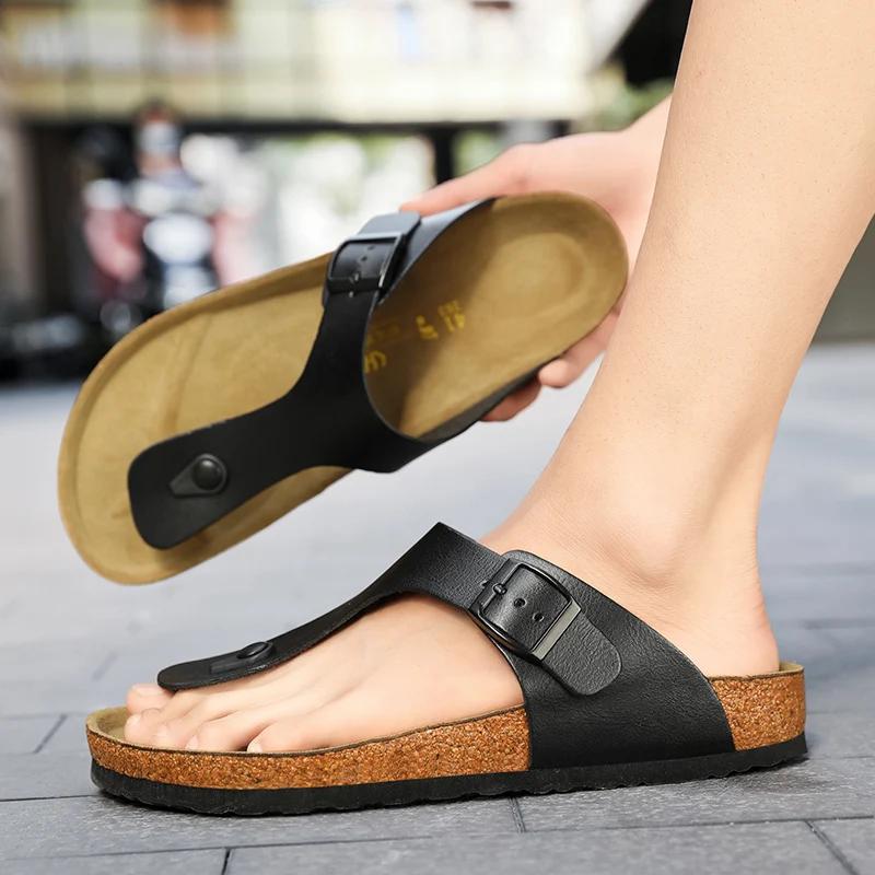 2024 New Men Genuine Leather Couple Style Cork High Quality Soft Cork Slides Footwear for Men Women Unisex 36-46 Cork Flip Flops