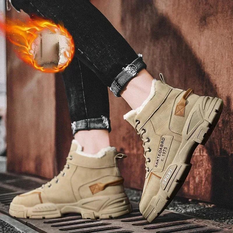 2024 Winter Men's Boots Plush Men Casual Shoes Thicken Warm Male Sonw Boots Outdoor Platform Work Footwear Zapatos Para Hombres