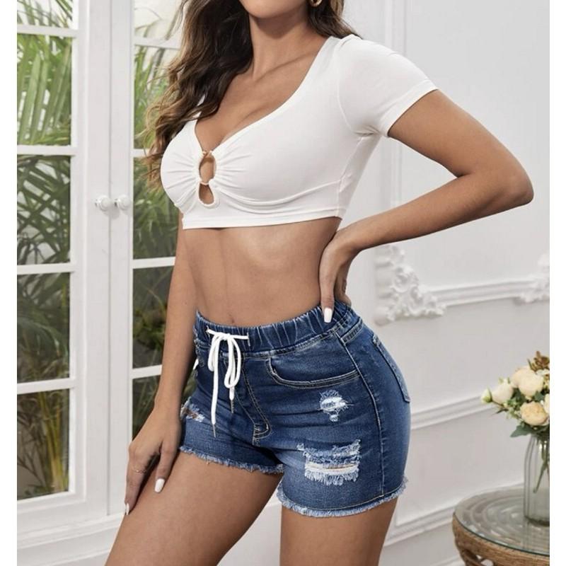New Women's Denim Shorts Elastic Waist Stretch Jeans Ripped Slim Fit Fringe Denim Hot Pants