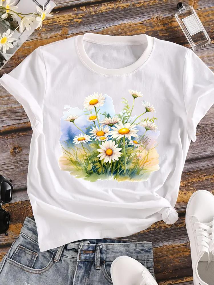 (Asian Size) Clothing T Shirt Love Heart Flower Cute Fashion Ladies Casual Women Tee Top Short Sleeve Print Lady Female Graphic T-shirts