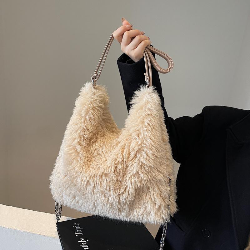 Повседневная плюшевая сумка через плечо для женщин осень зима большая вместимость универсальные сумки на цепочке однотонный рюкзак для поездок на работу