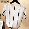Women's Ice Silk Short Sleeve T-shirt Loose Korean Large Size Color Blocked Top V-neck Knitted Shirt
