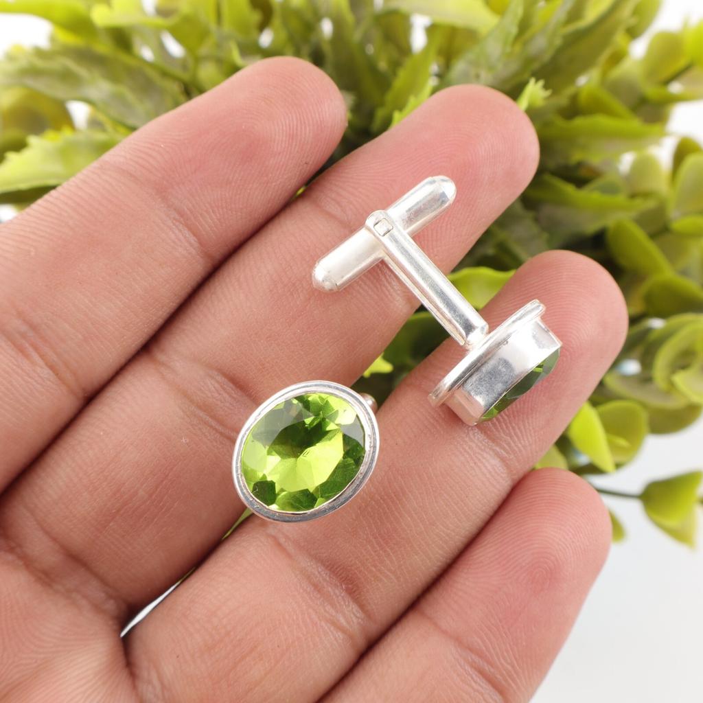 Natural Peridot Gemstone 925 Sterling Silver Handcrafted Jewelry Men Cufflinks CL-2-4