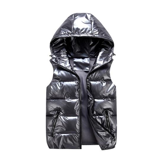 Men Cotton Vest Autumn Winter Hooded Sleeveless Zipper Placket Jacket with Pockets Solid Color Glossy Finish Down Quilted Vest Coat