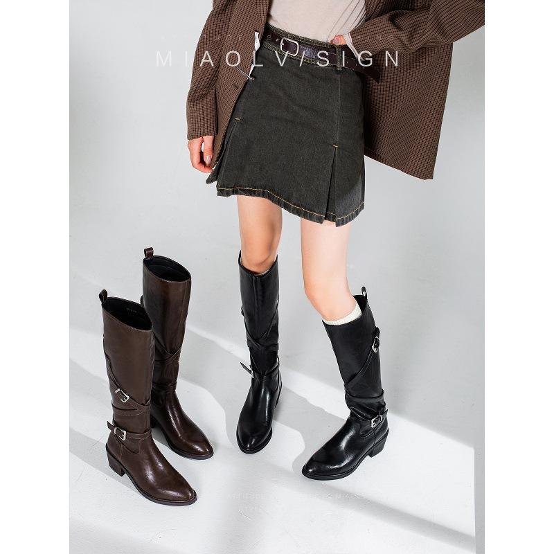 Cowhide Version Boots Women's Autumn and Winter Retro Boots Thick Heel Knight Boots Arrow Boots Cross Buckle High Boots