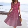 Women's Summer Casual Fashion Print Pocket Short Sleeve V-Neck Swing Dress