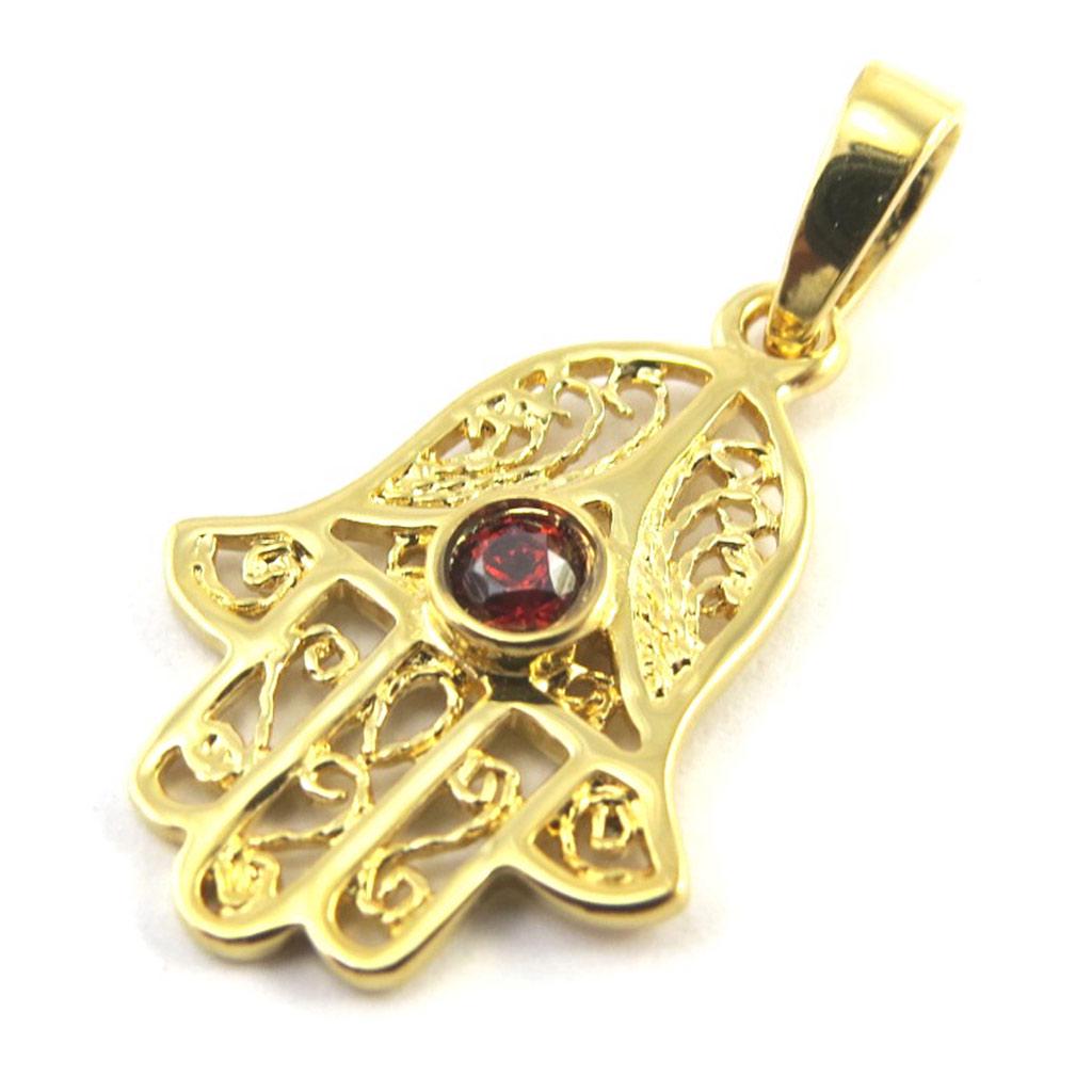 Les Trésors De Lily [M7028] - Garnet 'Hand of Fatma' Gold Plated Pendant