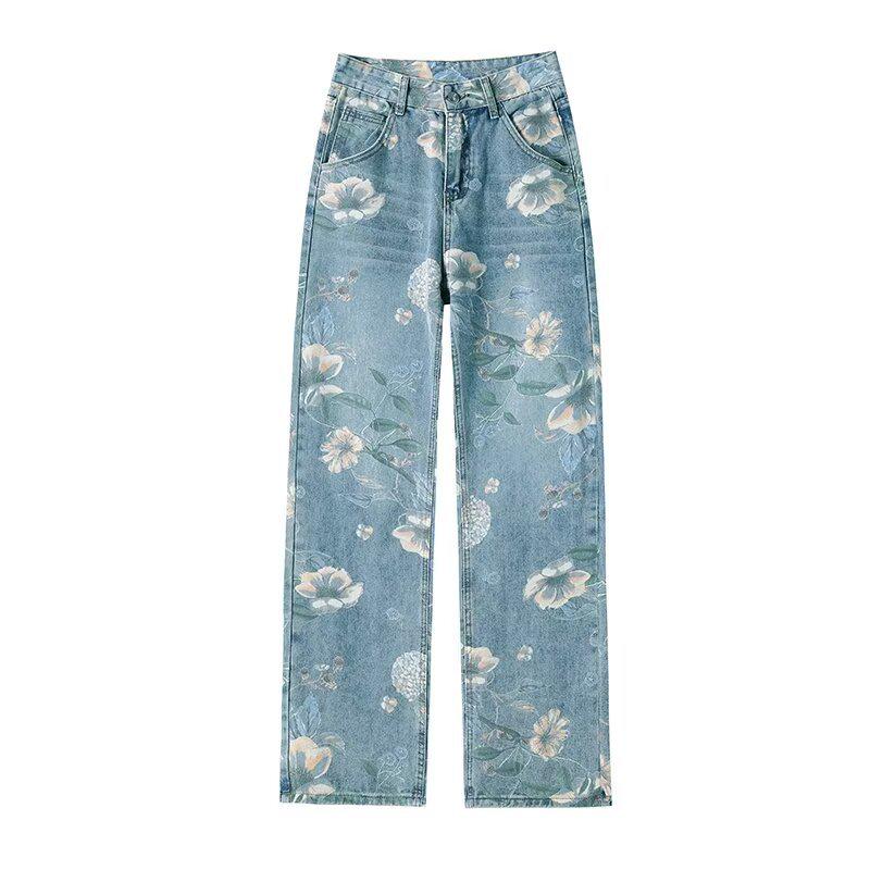 Women's Retro Floral Wide-Leg Printed Jeans - Summer 2024 Collection