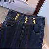 MODIQUE Spring Plus Size Women Vintage High Waist Elastic Straight Button Decoration Long Jeans Lady Basics Casual Pants Trousers
