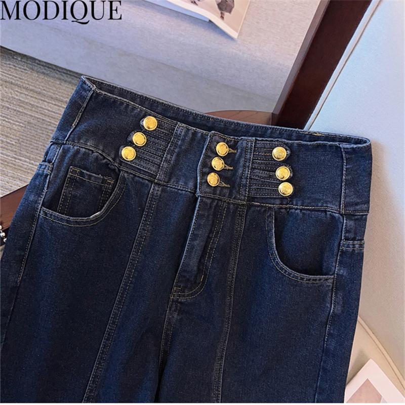 MODIQUE Spring Plus Size Women Vintage High Waist Elastic Straight Button Decoration Long Jeans Lady Basics Casual Pants Trousers