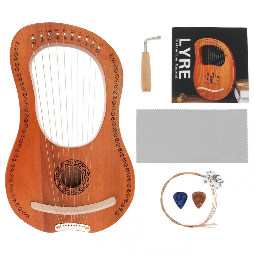 10 Strings Lyre Harp Solid Mahogany Wood Carving Reindeer with Tuning Hammer String Instrument