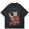 2024 Streetwear Japanese Akita Graphic Unisex T-Shirt Cotton Washed Black Tshirt Unisex Tops Tees Summer Short Sleeves T Shirt