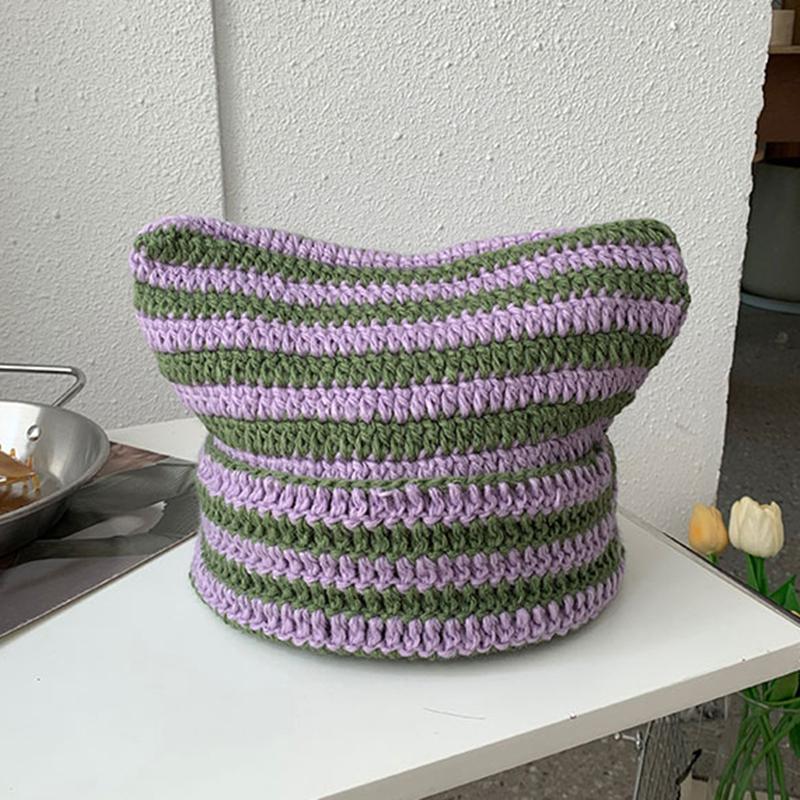 Cute Devil Horn Knitting Striped Beanie Hat Autumn Winter Knitted Wool Caps Girl Cat Ear Pointed Pullover Women Bonnet Hats