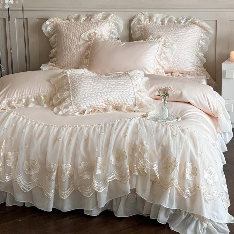 4 Pieces Premium French Princess Style Cotton 100% Bedding Set Large Duvet Cover Queen King Size Pillowcase Bed Sheet Summer