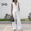 2 Pcs/Set Women Vest Pants Suit Deep V Neck Sleeveless Solid Color Top High Waist Wide Leg Trousers Casual Outfit OL Office Summer Clothes
