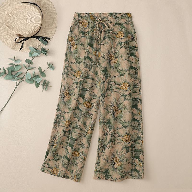 ZANZEA Women Floral Print Casual Elastic Waist Wide Leg Trousers Pants