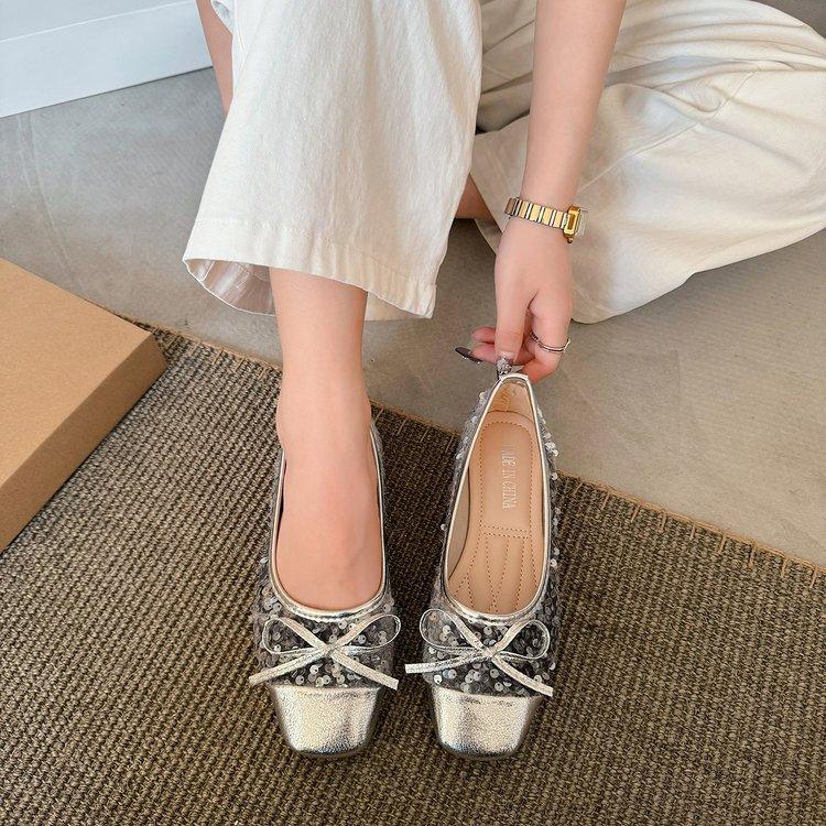 Fashion Slip On Shoes For Women Bow-Knot Square Toe Shallow Mouth Female Footwear Autumn Slip-on Moccasin Butterfly Dress Fall Glitter B