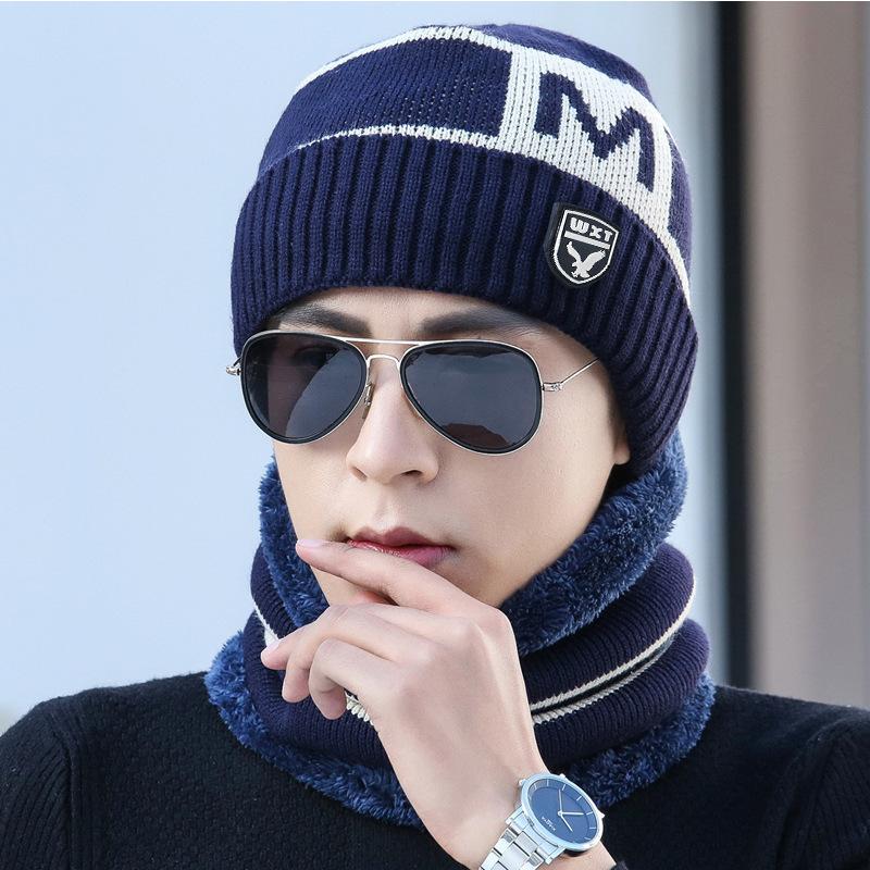 Cat Brother Trend M Letter Men's Hat Warm Thickened Knitted Hat Velvet Fashion Men's Hat Two-piece Set