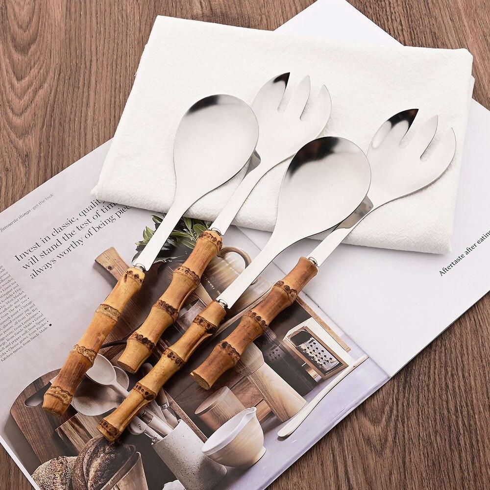 2Pcs Serving Utensils Cutlery 304 Stainless Steel Big Fork and Spoon with Natural Bamboo Handle Food Serving Salad Spork Server Spoon Tableware Set