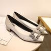 Women's High Heels Water Diamond Square Buckle Pointed Thick Heels Wedding Silk Satin Medium High Heels Shallow Mouths Pumps