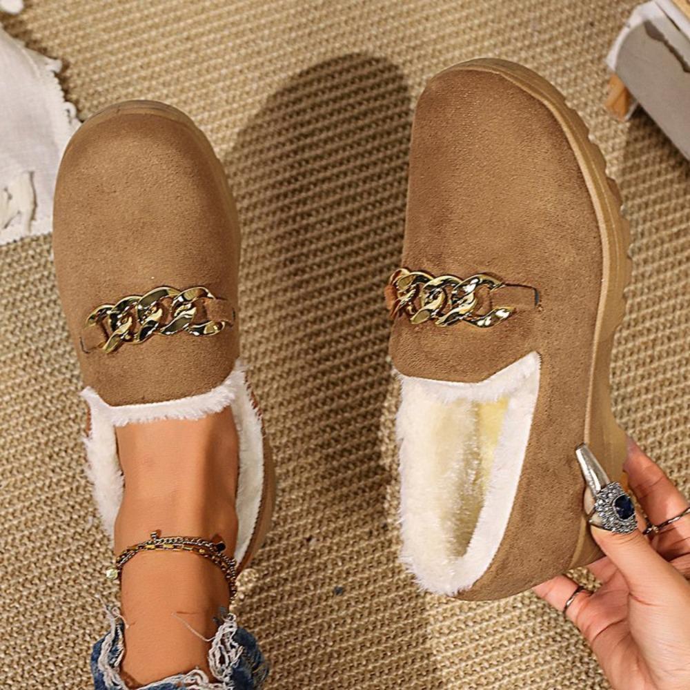 Chain Decor Thick Plush Flats Shoes for Women Winter Comfort Warm Casual Shoes Woman Solid Color Soft Sole Slip On Loafers