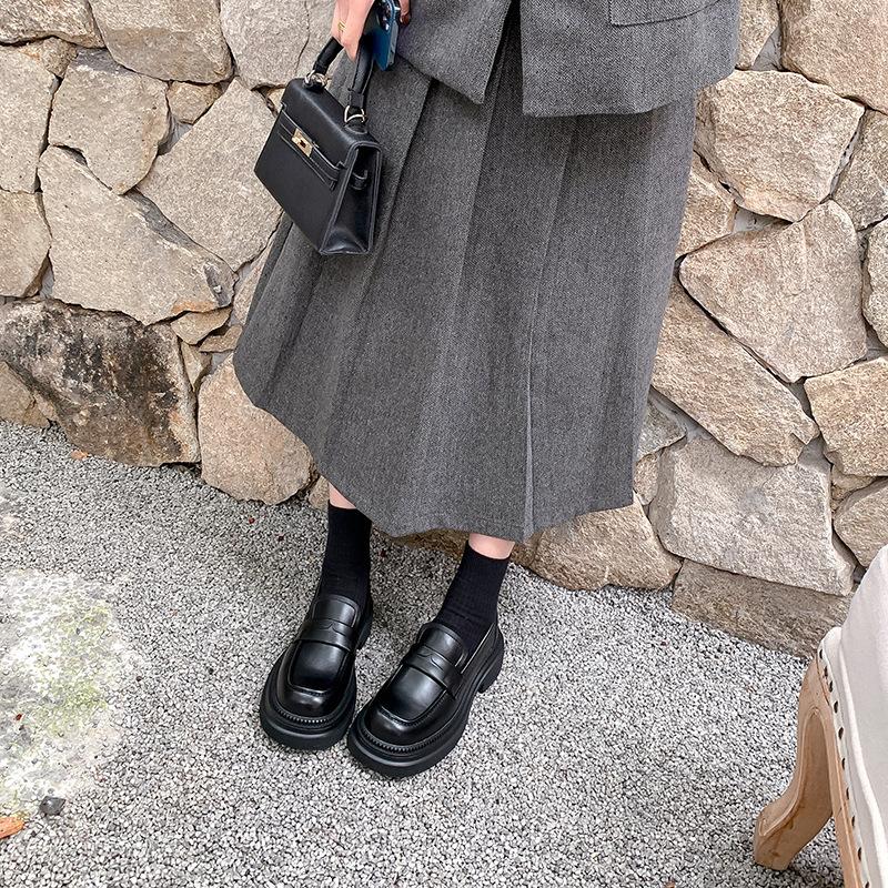 Cowhide Version! Half-song British Style Retro Platform Lazy Loafers Women's Small Men's Height Increase Small Leather Shoes Women's Single Shoes