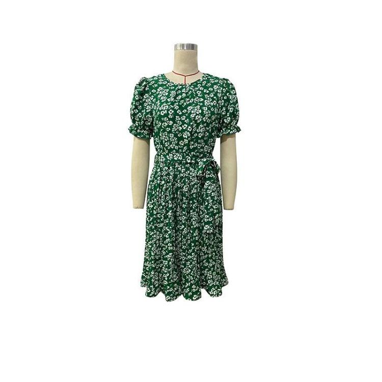 Women Summer Green Floral Print Pleated Dress Short Sleeve O Neck Lace Up