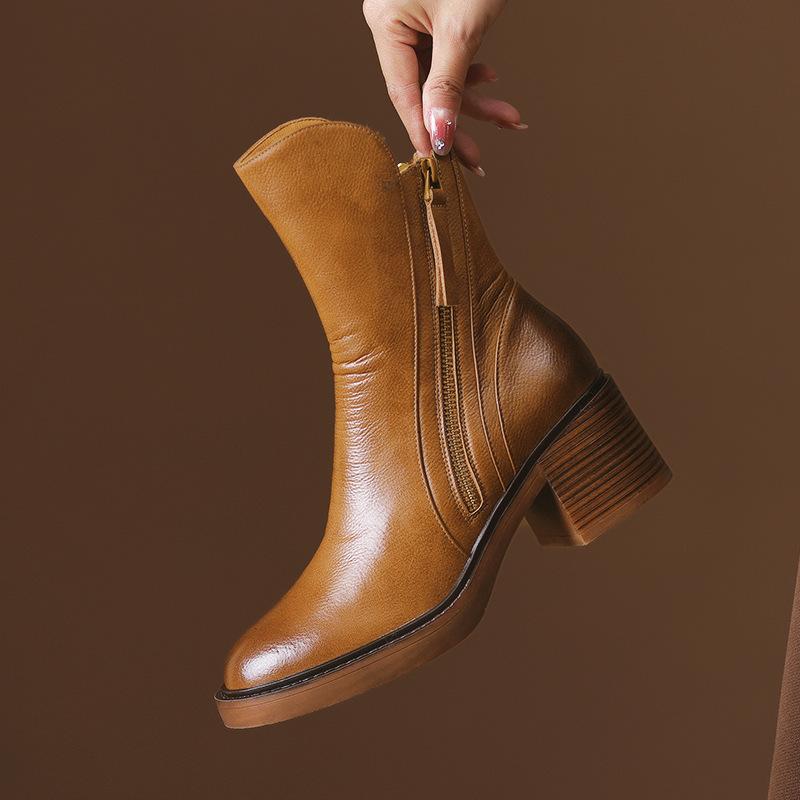 Original'Chelsea Boots Autumn Coarse Heel Brown Short Boots Female Handsome Martin Boots Leather Boots