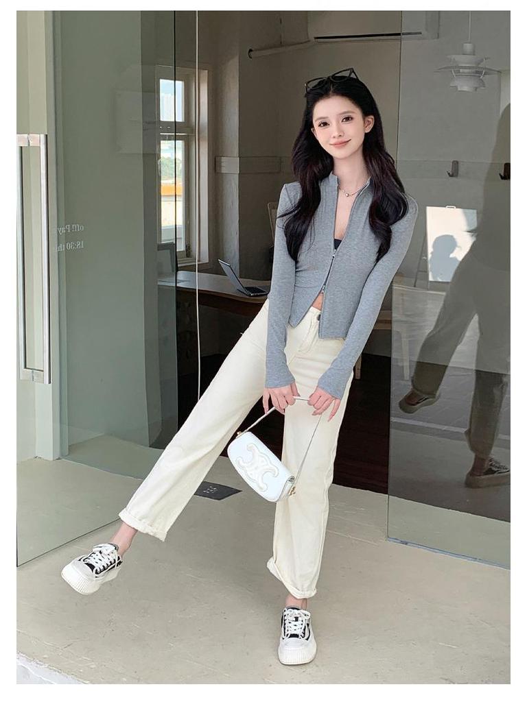 Women's Slimming Double Zipper Knitted Jacket with Stand Collar - Versatile Long Sleeve Cardigan for Spring and Autumn.