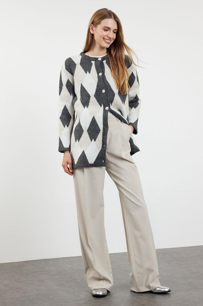 Women's Fashionable Stylish Hijab Cardigan Gray Diamond Patterned Knitwear Cardigan