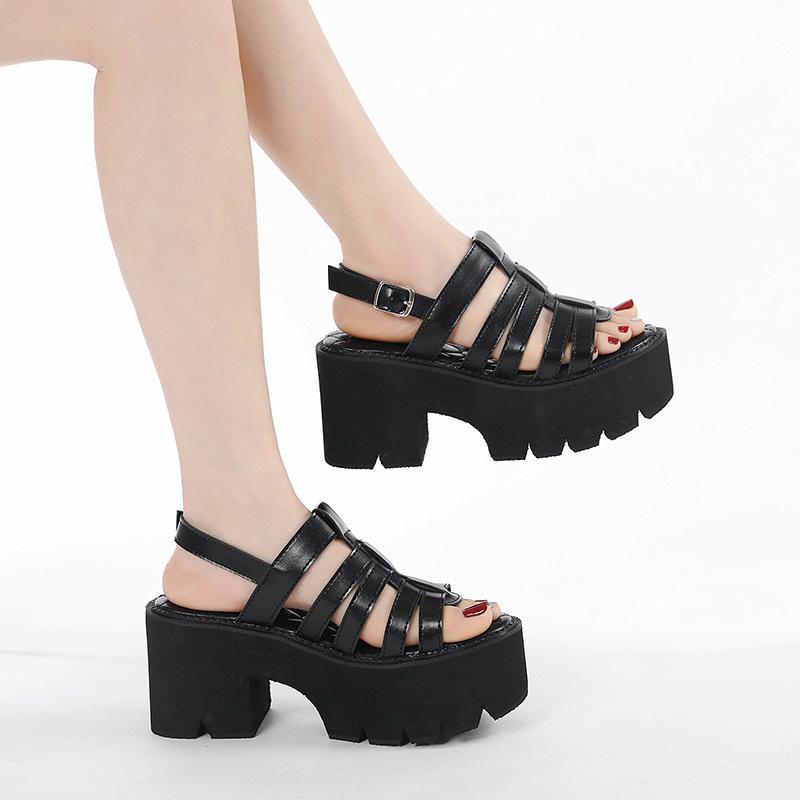 Black Chuky Heel Gladiator Sandals Platform Women Shoes Pumps Ankle Strap Open Toe Casual Shoes Cosplay Lolita Zapatos De Mujer