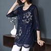 Vintage Floral Embroidery Applique Blouse Casual Loose Spring Summer 3/4 Sleeve Women's Clothing Stylish Sequined O-Neck Shirt Plus Size