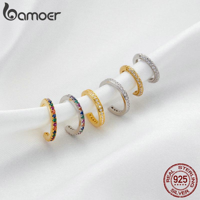 Bamoer 1 PCS Colorful Zircon Ear Clip, Women Genuine 925 Sterling Silver Clear CZ Statement Wedding Jewelry