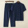 Men's Chinese-Style Summer Cotton-Linen Two-Piece: Retro Embroidered Short-Sleeve Top with Pants, Men's Tang Suit Set