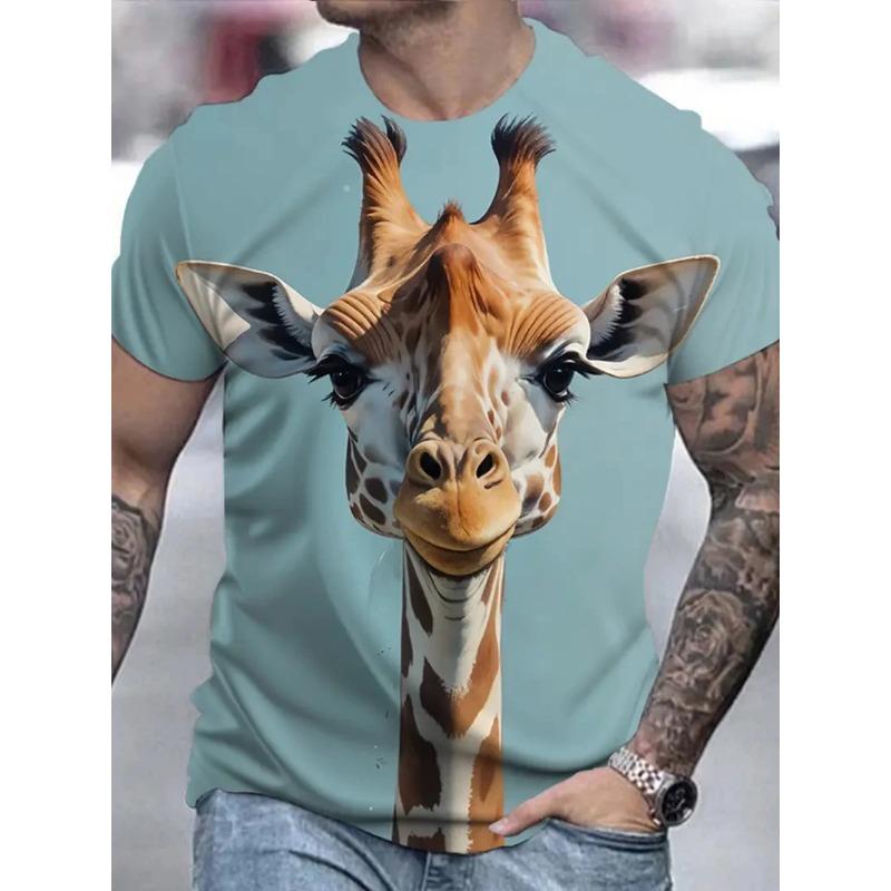 Summer Round Neck 3D Giraffe Graphic Print Top Fashionable Casual Short Sleeved Men's T-shirts
