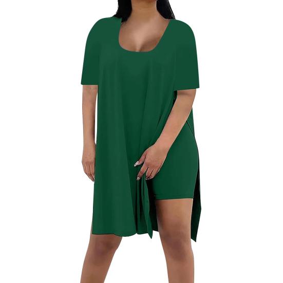 Women Plus Size 2 Piece Outfits Side Split Short Sleeve Tunic Tops And Skinny Biker Shorts Sets Summer Lounge Tracksuit