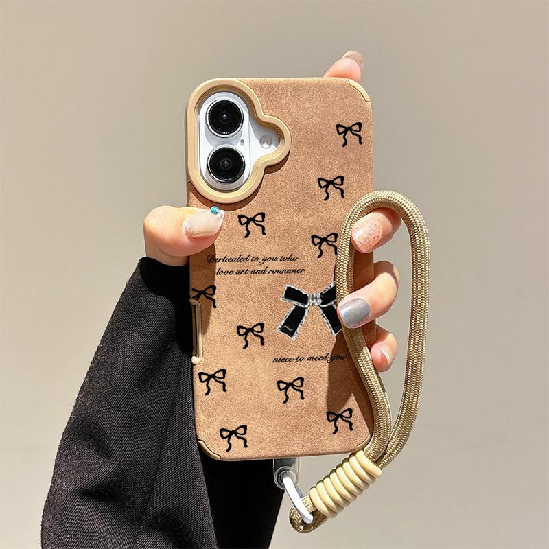 Black Bowknot Patterned Printed Leather Case + Lanyard Wrist Strap Protective Shell Soft Silicone Case for iPhone