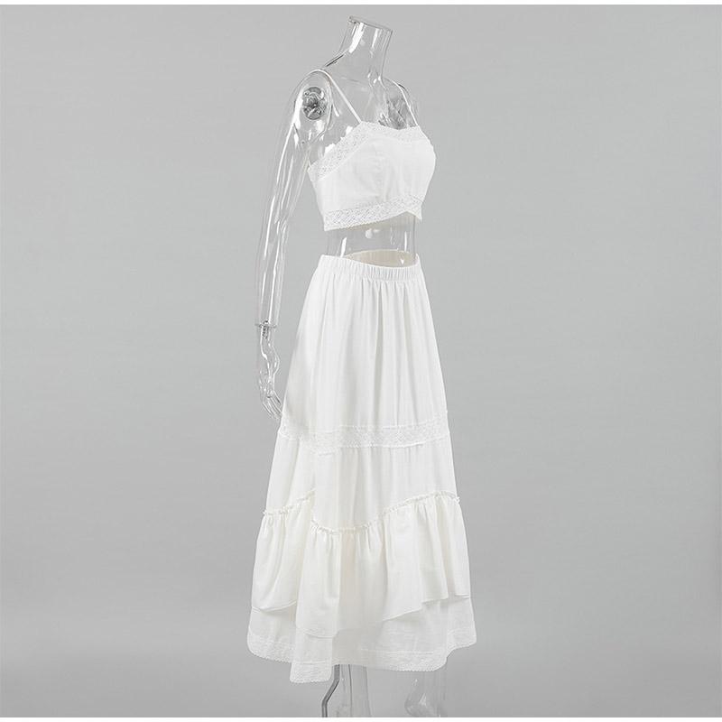Summer Lace White Cotton and Linen Women's Suit Holiday Beach Suspender Square Neck Short Top + Mid Skirt Two-piece Set