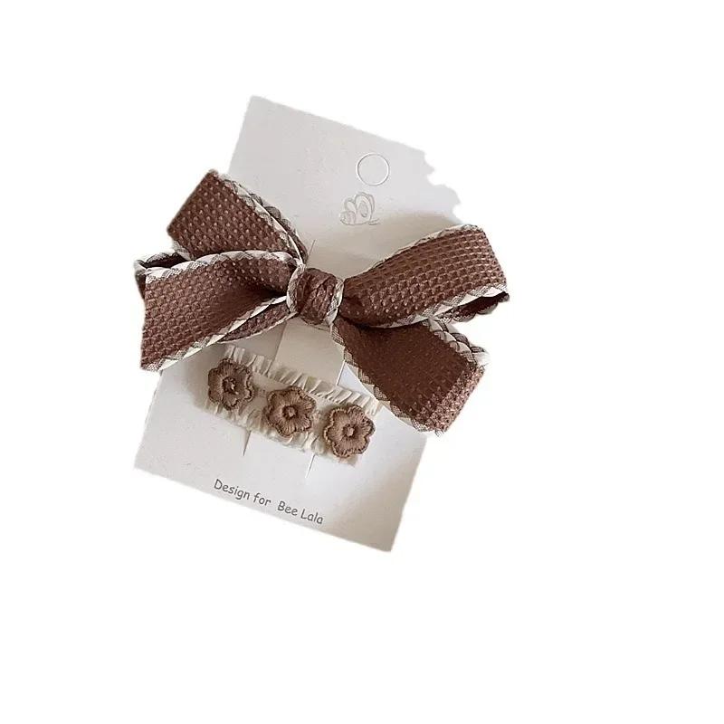 Autumn Winter Cute Kids Girl Hair Clip Retro Princess Beige Coffee Color Bow Floral Hair Pin Little Girl Hair Styling Headwear