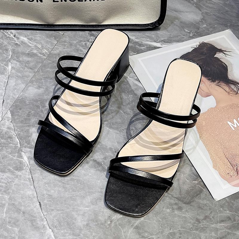 Women Sandals Ladies Square Heels Elegant Summer Slippers Outside Cross Tied Leather Female Slides Fashion Woman Sandals