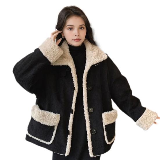 Women Winter Jacket Retro Fleece Contrast Color Thickened Plush Outerwear High Collar