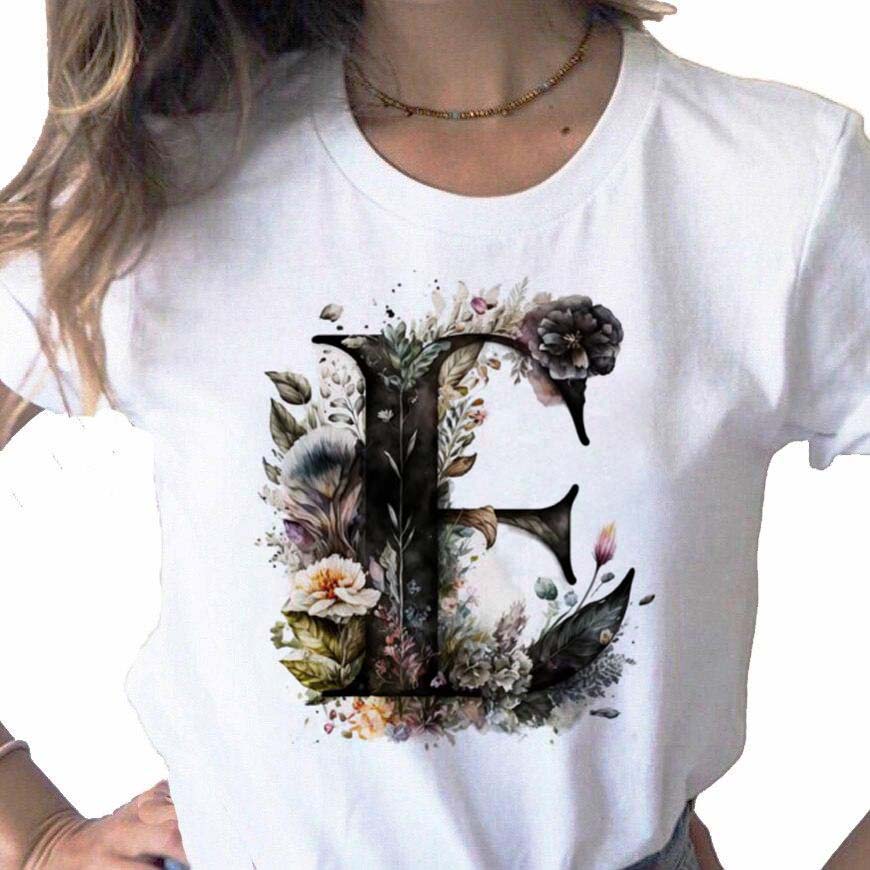 New Women T Shirt Custom Name Letter Combination Print Tshirt Flower Letter Font A B C D E F G Short Sleeve Female Tees Tops