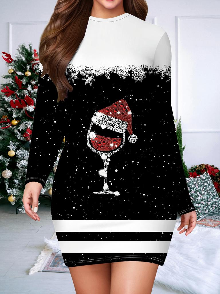 2025 Autumn and Winter New Women's Hip-wrapped Dress,3D Christmas Printing and Dyeing Women's Fashion Long-sleeved Round Neck Sexy Hip-wrapped Dress